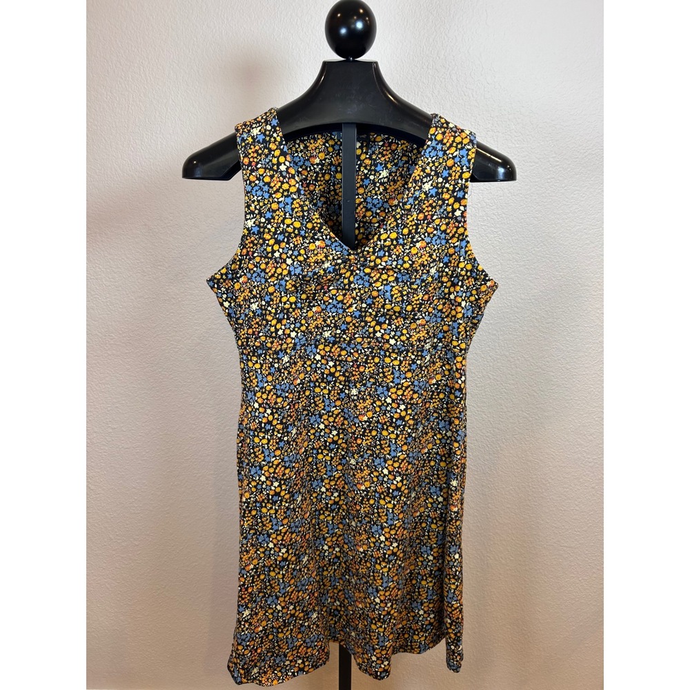 Toad&Co Womens L Floral V-Neck Sleeveless Dress Black Blue Orange Organic Cotton